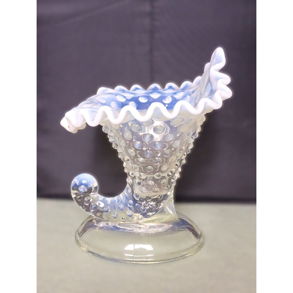 Fenton Hobnail Moonstone Horn Vase Glass Cornucopia Art Ruffle Taper Candlestick